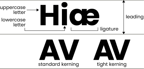 Type features - shows uppercase letter, lowercase letter, ligature, leading, un-kerned type and kerned type