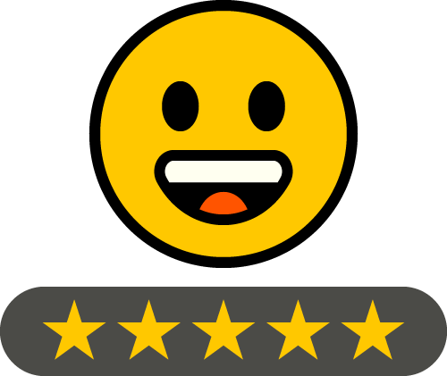 A happy smiley emoji with a five star rating underneath