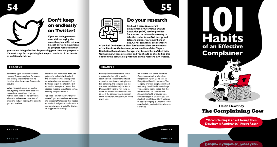 “101 Habits of an Effective Complainer” book cover and interior spread