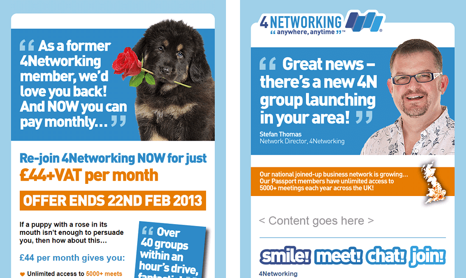 2 HTML email designs for 4Networking campaigns and announcements