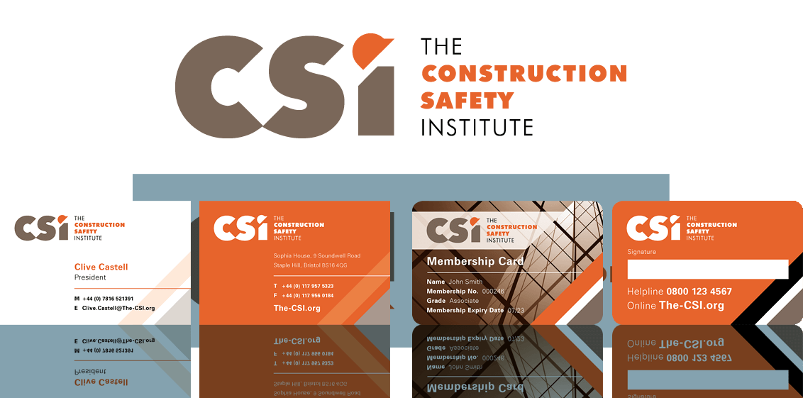 The Construction Safety Institute identity showing logo, business card and membership card