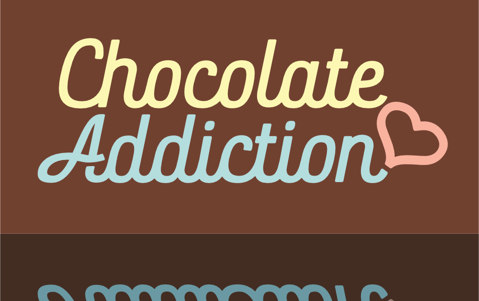 Logo for a shop called Chocolate Addiction, featuring relaxed-style lettering in pastel colours on a brown background