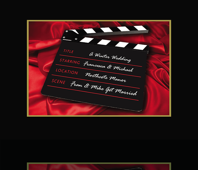 Wedding invitation design with a movie clapperboard theme
