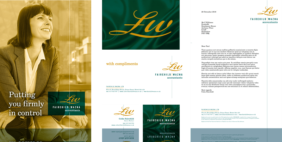Branding exercise for an accountancy firm, showing its application to stationery and a brochure cover