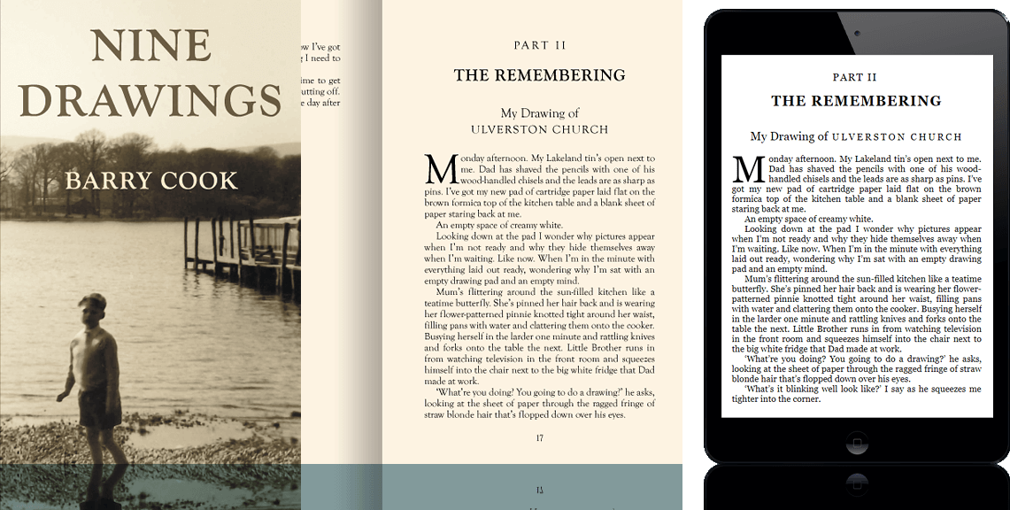 Nine Drawings book cover, interior spread and e-book page