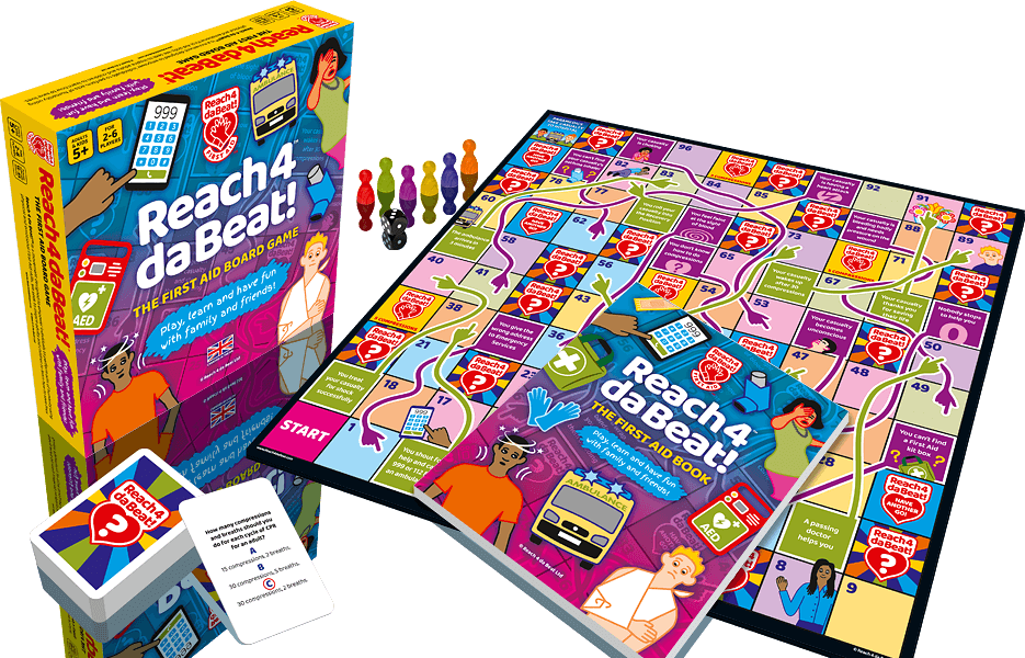 Game board, box and question card designs shown with playing pawns and a die