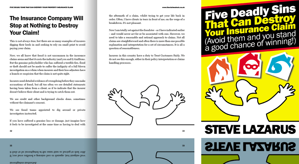 Insurance claims book cover and interior spread